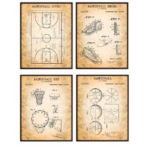Basketball Patent Prints Wall Art Set - Unique Gift, Cool Home Decor for Boys Room, Kids or Teens Bedroom, Game Room, Den - 8x10 Posters