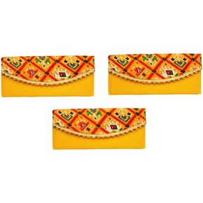 Set of 3 Money Envelopes Shagun Lifafa Indian Handmade Fabric Indian Brocade Money Cash Gift Envelope Wedding Housewarming Return Gifts Card Holder tip Fancy Money Holder Bag (Size:-4"x 8")(Yellow)
