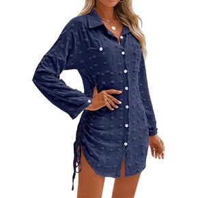 BMJL Swimsuit Coverups for Women 2024 Button Down Beach Cover Ups Drawstring Shirt Bathing Suit Cover Up