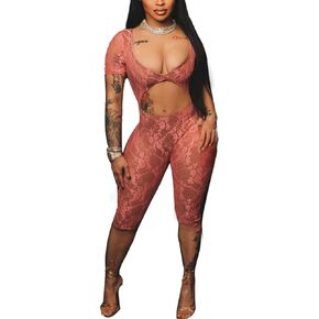 Sexy Mesh Sheer Lace Bodycon Jumpsuit for Women Deep V Neck Cut Out One Piece Party Jumpsuits Clubwear Rompers