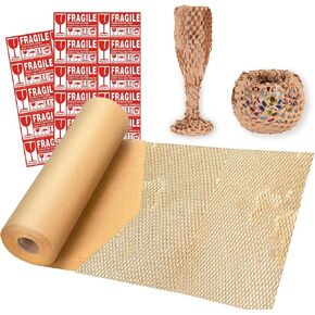 لفة ورق التعبئة على شكل قرص العسل من Larcenciel مقاس 38.1 سم × 98 بوصة مع ملصقات هشة، ورق تغليف أسود كرافت مبطن، مادة تعبئة قابلة للتحلل البيولوجي بديلة للفقاعات لتحريك شحن حشو التعبئة in Kuwait