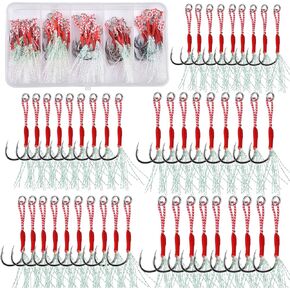45pcs Fishing Assist Hooks Kit Slow Jigging Cast Jigs Assist Hooks High Carbon Steel Single Jig Hooks with Crystal Flash for Saltwater Slow Pitch Jig Vertical Jigging Lures