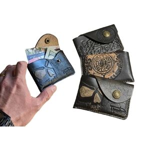 Skull, Vegvisir, Celtic Knot, Mayan Calendar, Handmade Front Pocket Minimalist Card Case Slim Wallet, Aztec Art, 3D Genuine Leather Handmade Cards Holder, Carved and Tooled (Vegvisir Celtic Knot)