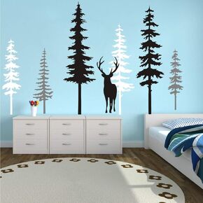 Large Forest Pine Tree with Bear Wall Decals Woodland Trees Wall Sticker for Nursery Room Art Kids Room Bedroom Decoration Forest Tree Animal Wall Mural AM10(White +Gray+Black W/Bear)