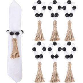 Napkin Rings Set of 6, Wood Bead Napkin Rings with Tassel Set Napkin Holders Buckle for Wedding, Party, Dining Table Decor
