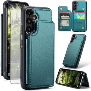 Asuwish Phone Case for Samsung Galaxy A35 5G Wallet Cover with Tempered Glass Screen Protector and RFID Blocking PU Leather Credit Card Holder Stand Cell Accessories A 35 35A A355G Women Men Purple