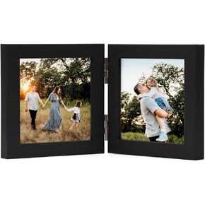 Double Horizontal Picture Frames Hinged Folding Rustic Photo Frames in Brown Made of Pine Wood with Real Glass for Wall Hanging or Tabletop Standing, Display Pictures 4x6 with Mat or 5x7