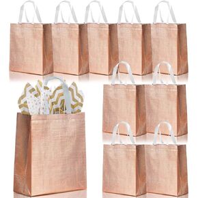 6 Pack Medium Rose Gold Grocery Bags, 8x4x10 Inches Reusable Gift Bags with Gold Tissue Paper, Water-proof Shopping Bags, Foldable Bags for Baby Showers and Holidays(20x10x25cm)