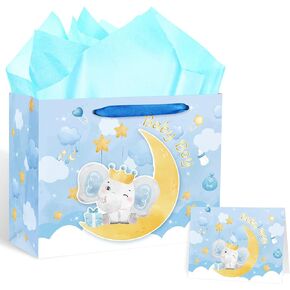 Baby Boy Gift Bag for Baby Shower Gifts 11.8" 3D Elephant Gift Bag with Tissue Paper Greeting Cards, Baby Shower Goodie Bags Elephant Present Paper Bag Blue for Boy New Parents Birthday Party