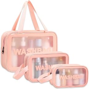 Travel Toiletry Bag for Women Men - Translucent,Waterproof, Portable and Cute Makeup Cosmetic Bag Set(A-Pink)