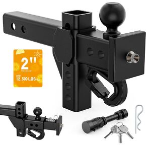 Adjustable Trailer Hitch with 2 Inch Ball & Mini Storage Box, Drop Hitch Ball Mount w/Hook, 2 in Hitch Receiver, GTW 12,500 LBS, 6" Drop/Rise, Tow Hitch for Heavy Duty Truck, RV, SUV, Black
