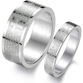 Mens Womens Stainless Steel Vintage Silver Couple Ring Spanish Bible Lords Prayer Cross White Gold Band