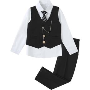 ZOEREA Boys Suit Formal Dress Clothes Ring Bearer Outfit Big Boy Wedding Vest+Pants+Dress Shirt+Chain+Adjustable Tie 6-10Y