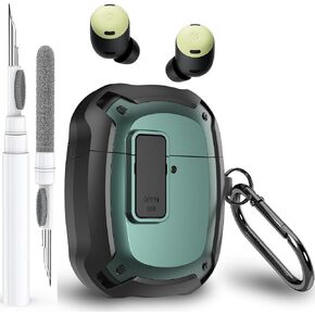 Olytop for Google Pixel Buds Pro 2/Pro Case Cover with Lock Clip & Cleaner Pen 2024/2022, Shockproof Protective Hard Shell Skin with Carabiner Men Women - Black in Kuwait