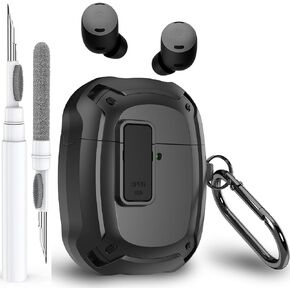 Olytop for Google Pixel Buds Pro Case 2022 with Lock Clip & Cleaner Pen, Rugged Armor Shockproof Protective Hard Cover Skin with Carabiner Men Women for Google Pixel Buds Pro Cases - Black