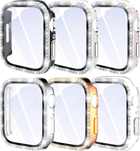 حافظة صلبة من البولي كربونات متوافقة مع Apple Watch Series 9/8/7 مقاس 45 ملم، غطاء ساعة مطلي بأحجار الراين اللامعة مع واقي شاشة من الزجاج المقسى وإطار ممتص للصدمات كامل حول سلسلة iWatch 9/8/7 in Kuwait
