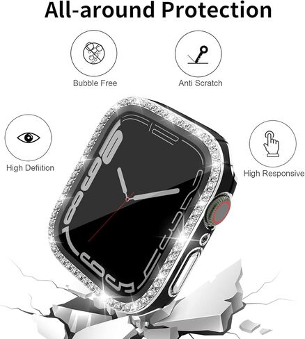 حافظة صلبة من البولي كربونات متوافقة مع Apple Watch Series 9/8/7 مقاس 45 ملم، غطاء ساعة مطلي بأحجار الراين اللامعة مع واقي شاشة من الزجاج المقسى وإطار ممتص للصدمات كامل حول سلسلة iWatch 9/8/7 in Kuwait