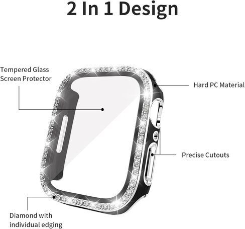 حافظة صلبة من البولي كربونات متوافقة مع Apple Watch Series 9/8/7 مقاس 45 ملم، غطاء ساعة مطلي بأحجار الراين اللامعة مع واقي شاشة من الزجاج المقسى وإطار ممتص للصدمات كامل حول سلسلة iWatch 9/8/7 in Kuwait