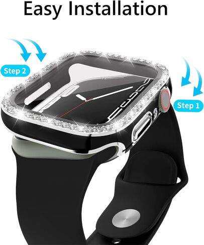 حافظة صلبة من البولي كربونات متوافقة مع Apple Watch Series 9/8/7 مقاس 45 ملم، غطاء ساعة مطلي بأحجار الراين اللامعة مع واقي شاشة من الزجاج المقسى وإطار ممتص للصدمات كامل حول سلسلة iWatch 9/8/7 in Kuwait