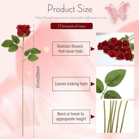 Hotop 12 Pcs Artificial Roses Flowers Realistic Silk Roses Bouquet with Long Stem,Real Touch Roses for Wedding Centerpieces Bridal Shower Party Home Decor(Black) in Saudi Arabia
