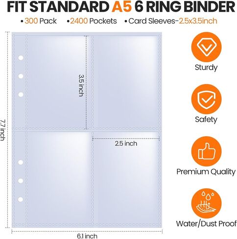 300 حزمة من 2400 جيوب لبطاقات الصور الفوتوغرافية لـ A5 Binder 6 Ring 2.5x3.5 "أكمام بطاقات التداول K Pop Photocard الأكمام مزدوجة الجوانب 4 صفحات صور جيب تحميل علوي لورق الصور in Saudi Arabia