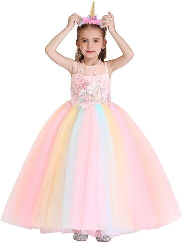 HIHCBF Girls Unicorn Rainbow Princess Birthday Dress Halloween Carnival Costume Christmas Party Long Maxi Gown w/Headband in Saudi Arabia