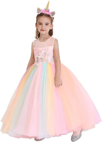 HIHCBF Girls Unicorn Rainbow Princess Birthday Dress Halloween Carnival Costume Christmas Party Long Maxi Gown w/Headband in Saudi Arabia