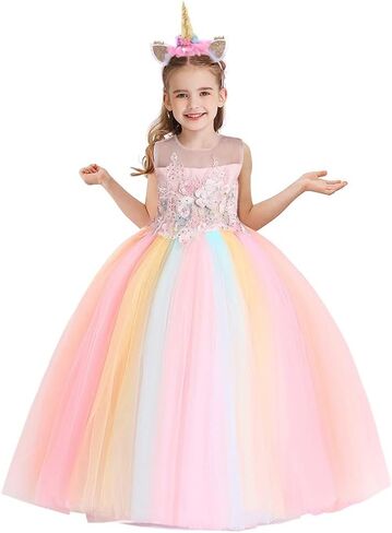 HIHCBF Girls Unicorn Rainbow Princess Birthday Dress Halloween Carnival Costume Christmas Party Long Maxi Gown w/Headband in Saudi Arabia