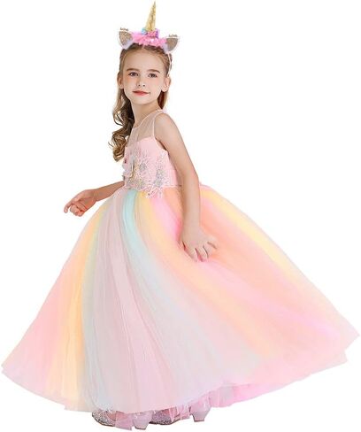 HIHCBF Girls Unicorn Rainbow Princess Birthday Dress Halloween Carnival Costume Christmas Party Long Maxi Gown w/Headband in Saudi Arabia