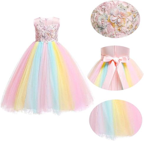 HIHCBF Girls Unicorn Rainbow Princess Birthday Dress Halloween Carnival Costume Christmas Party Long Maxi Gown w/Headband in Saudi Arabia