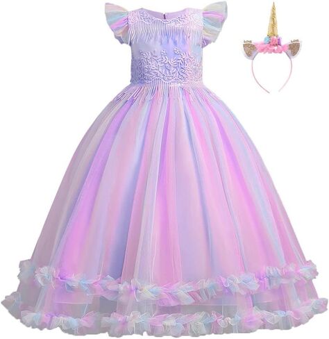 HIHCBF Girls Unicorn Rainbow Princess Birthday Dress Halloween Carnival Costume Christmas Party Long Maxi Gown w/Headband in Saudi Arabia