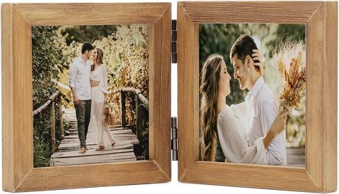Double Horizontal Picture Frames Hinged Folding Rustic Photo Frames in Brown Made of Pine Wood with Real Glass for Wall Hanging or Tabletop Standing, Display Pictures 4x6 with Mat or 5x7 in Saudi Arabia