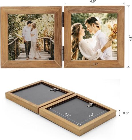 Double Horizontal Picture Frames Hinged Folding Rustic Photo Frames in Brown Made of Pine Wood with Real Glass for Wall Hanging or Tabletop Standing, Display Pictures 4x6 with Mat or 5x7 in Saudi Arabia