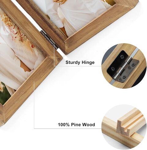Double Horizontal Picture Frames Hinged Folding Rustic Photo Frames in Brown Made of Pine Wood with Real Glass for Wall Hanging or Tabletop Standing, Display Pictures 4x6 with Mat or 5x7 in Saudi Arabia