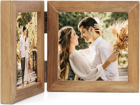 Double Horizontal Picture Frames Hinged Folding Rustic Photo Frames in Brown Made of Pine Wood with Real Glass for Wall Hanging or Tabletop Standing, Display Pictures 4x6 with Mat or 5x7 in Saudi Arabia