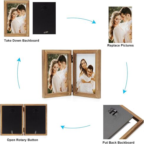 Double Horizontal Picture Frames Hinged Folding Rustic Photo Frames in Brown Made of Pine Wood with Real Glass for Wall Hanging or Tabletop Standing, Display Pictures 4x6 with Mat or 5x7 in Saudi Arabia