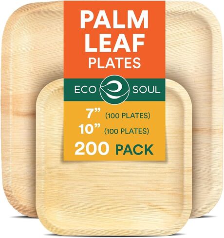 ECO SOUL Compostable 7 & 10 Inch Palm Leaf Square Plates (100 Count) Like Bamboo Plates | Biodegradable | Eco-Friendly, Microwave & Oven Safe - Party Pack in Saudi Arabia