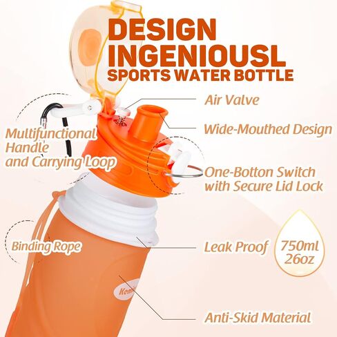 Kemier Collapsible Silicone Water Bottles-750ML,Medical Grade,BPA Free Travel Water Bottle Can Roll Up,26oz,Leak Proof Foldable Sports & Outdoor Water Bottles in Saudi Arabia