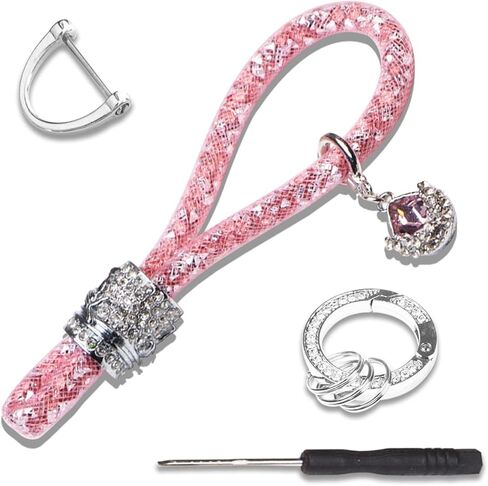 سلسلة مفاتيح سيارة كريستال بلينغ للنساء، إكسسوارات حامل مفاتيح بأحجار الراين اللامعة، حزام سلسلة مفاتيح مع حلقة على شكل حرف D مضادة للفقدان in Kuwait