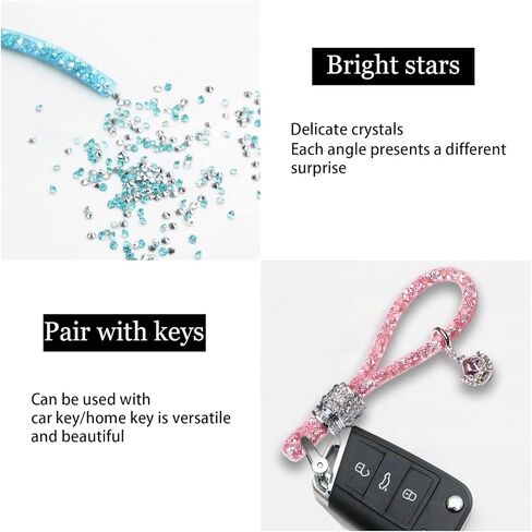 سلسلة مفاتيح سيارة كريستال بلينغ للنساء، إكسسوارات حامل مفاتيح بأحجار الراين اللامعة، حزام سلسلة مفاتيح مع حلقة على شكل حرف D مضادة للفقدان in Kuwait
