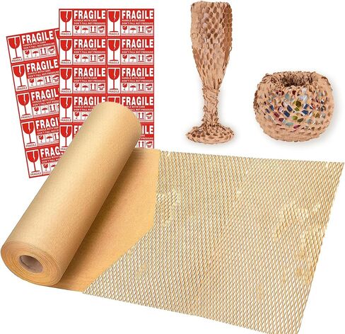 لفة ورق التعبئة على شكل قرص العسل من Larcenciel مقاس 38.1 سم × 98 بوصة مع ملصقات هشة، ورق تغليف أسود كرافت مبطن، مادة تعبئة قابلة للتحلل البيولوجي بديلة للفقاعات لتحريك شحن حشو التعبئة in Kuwait