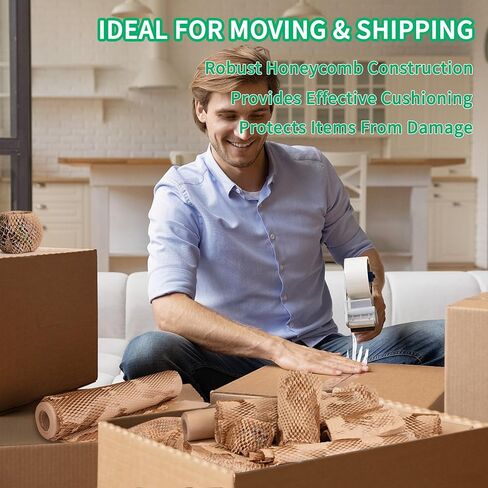 لفة ورق التعبئة على شكل قرص العسل من Larcenciel مقاس 38.1 سم × 98 بوصة مع ملصقات هشة، ورق تغليف أسود كرافت مبطن، مادة تعبئة قابلة للتحلل البيولوجي بديلة للفقاعات لتحريك شحن حشو التعبئة in Kuwait