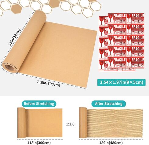 لفة ورق التعبئة على شكل قرص العسل من Larcenciel مقاس 38.1 سم × 98 بوصة مع ملصقات هشة، ورق تغليف أسود كرافت مبطن، مادة تعبئة قابلة للتحلل البيولوجي بديلة للفقاعات لتحريك شحن حشو التعبئة in Kuwait