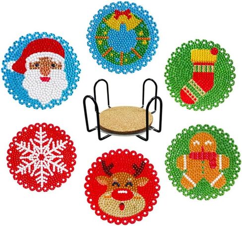 Diamond Painting Coasters Kits, LVIITIS 6pcs 5D Christmas Diamond Painting Coasters with Holder for Adults and Kids,DIY Diamond Art Coasters for Beginners Home Decor (Mandala Style B) in Saudi Arabia