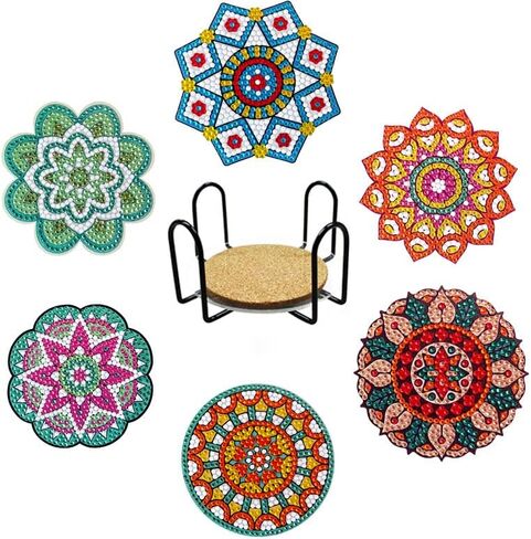 Diamond Painting Coasters Kits, LVIITIS 6pcs 5D Christmas Diamond Painting Coasters with Holder for Adults and Kids,DIY Diamond Art Coasters for Beginners Home Decor (Mandala Style B) in Saudi Arabia