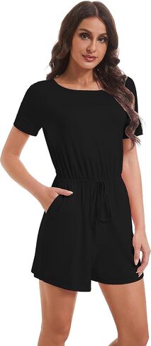 LuFeng Women's Plus Size Summer Casual Short Sleeve Jumpsuits Loose Tie Waist Front One Piece Pants Rompers With Pockets in Saudi Arabia