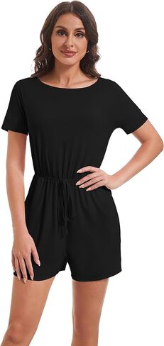 LuFeng Women's Plus Size Summer Casual Short Sleeve Jumpsuits Loose Tie Waist Front One Piece Pants Rompers With Pockets in Saudi Arabia