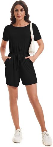 LuFeng Women's Plus Size Summer Casual Short Sleeve Jumpsuits Loose Tie Waist Front One Piece Pants Rompers With Pockets in Saudi Arabia