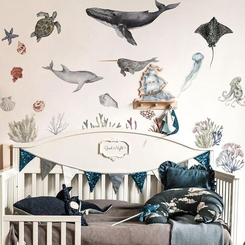 QUCHENG Ocean Wall Decals Marine Animal Boys Bedroom Large Stickers Removable Whale Decor Nursery Kids Room Murals DIY Cute Decorations in Saudi Arabia