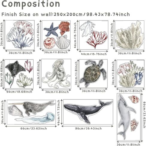 QUCHENG Ocean Wall Decals Marine Animal Boys Bedroom Large Stickers Removable Whale Decor Nursery Kids Room Murals DIY Cute Decorations in Saudi Arabia